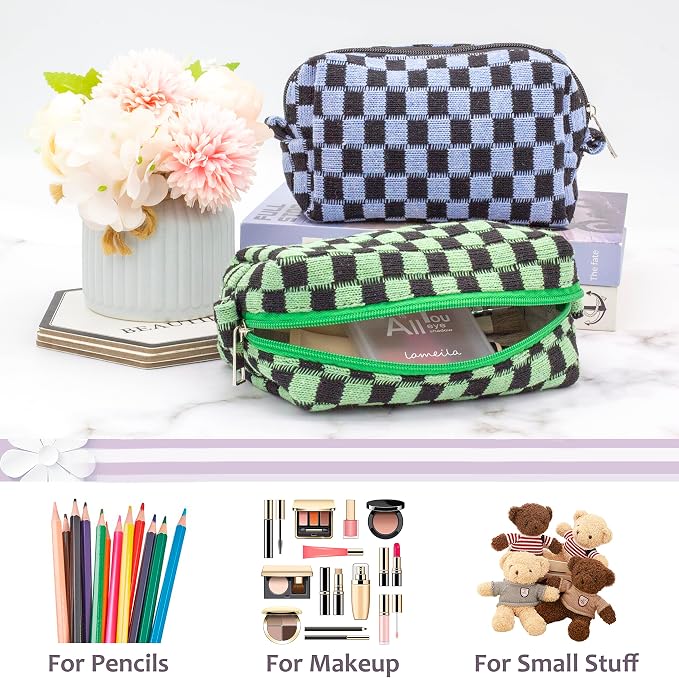 Checkered Makeup Bag for Purse, Small Cosmetic Pouch,Green Blue,2 Pack | Cute Zipper Makeup Organizer for Women, Travel Essentials, Toiletries, Makeup Brushes, Beauty Accessories&Bridesmaid Gifts