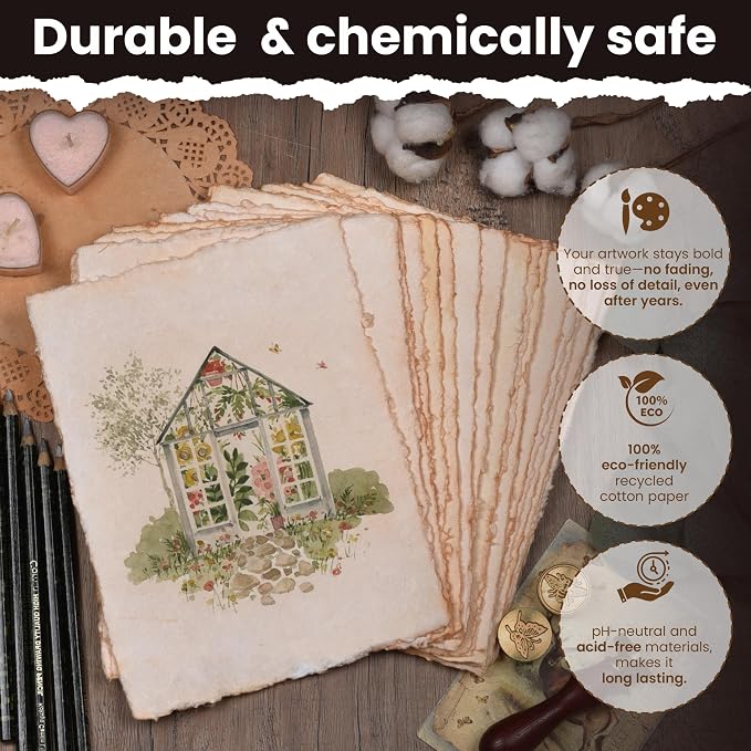 LEATHER VILLAGE Vintage Deckled Edge Watercolor Paper 25 Sheets 4x6 Inches | Handmade cotton rag paper with antique old look, 150 GSM thick for calligraphy, letter writing, invitations and ink art