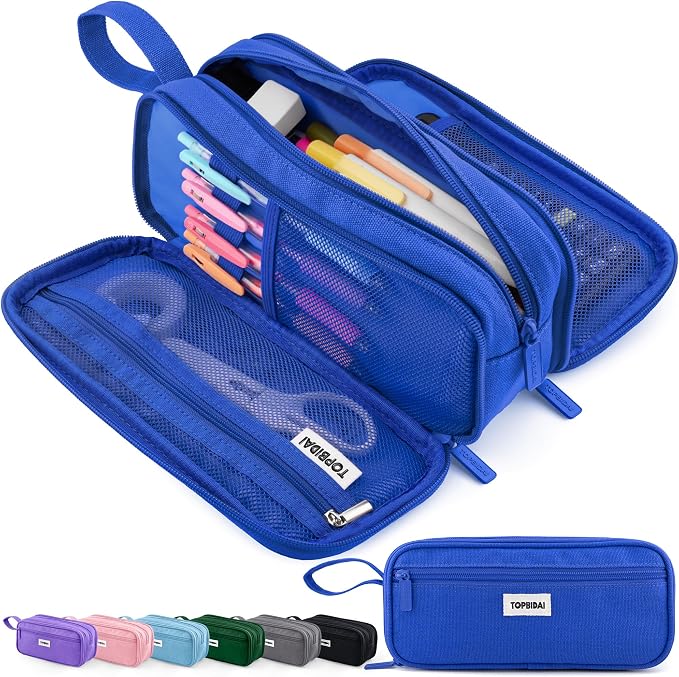 TOPBIDAI Large Pencil Case Pouch for Girls Boy Women Men Adults | Big Capacity Canvas Pencil Bag, Office School Supplies, Multi Compartment Zipper Stationery Pen Box (Dark Blue)