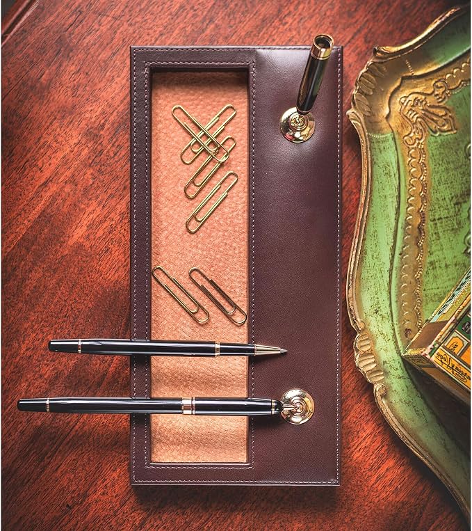 Dacasso Chocolate Brown Leather Double Pen Stand w/Gold Accents - Luxury Executive Decor and Office Desk Surface Protector