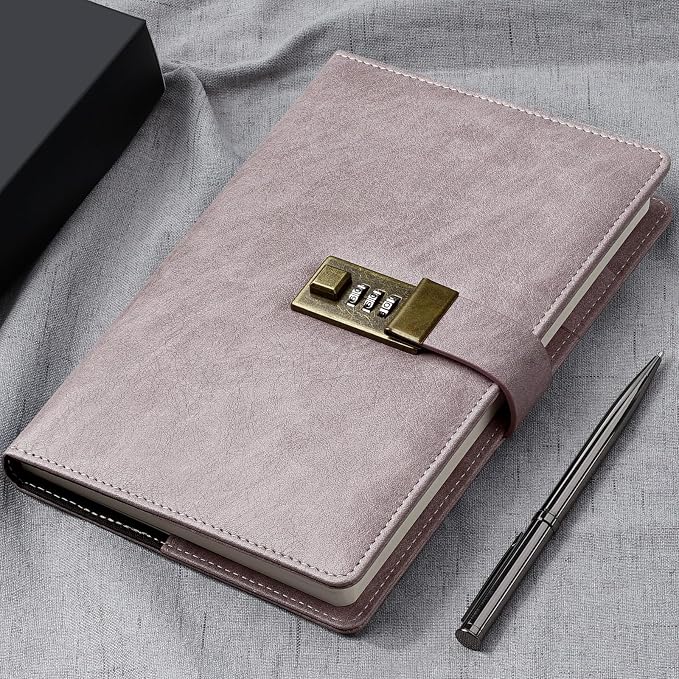 WEMATE Diary with Lock, A5 PU Leather Journal with Lock 240 Pages Pink | Vintage Lock Journal Password Notebook with Pen & Gift Box, Lock Diary Planner Organizer for Men and Women, 8.6x5.8in