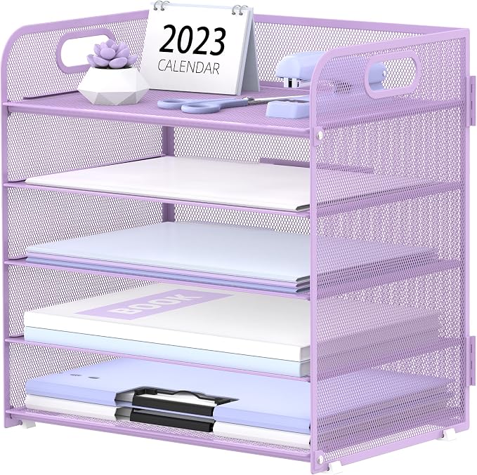 Supeasy 5 Trays Paper Organizer Letter Tray with Handle-Mesh Desk File Holders, Paper Sorter Desk Organizer for Office, Home, Classeoom or School, Purple