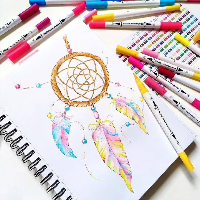 Ohuhu Markers for Adult Coloring Books No Bleeding 160 Colors Coloring Markers Water-based Dual Tips Fineliner & Brush Drawing Pens Art Pens for Kids Adults Sketch Journal - Maui - White