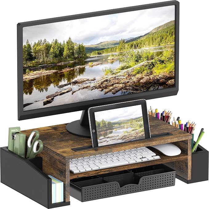 Simple Houseware Desk Monitor Stand Riser w/ Adjustable Tray, Rustic Brown | Built-In Tablet Slot and Side Storage