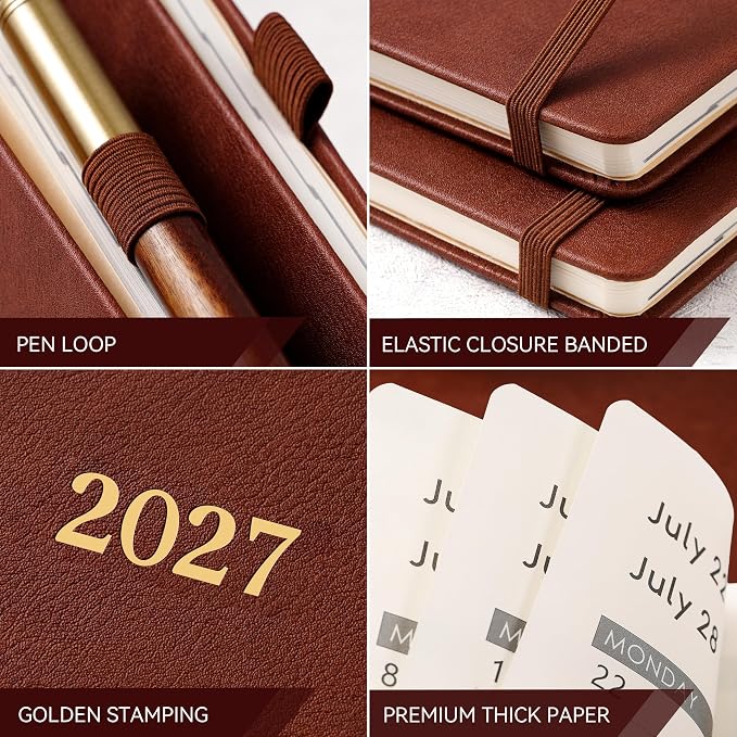 Vondafe 2027 Planner Weekly and Monthly, Jan. 2027 - Dec. 2027, 9" x 11" | Inner Pocket + Elastic Closure + Pen Loop + Bookmarks, Leather Hardcover, Brown, Calendar Planner 2027 for office planning