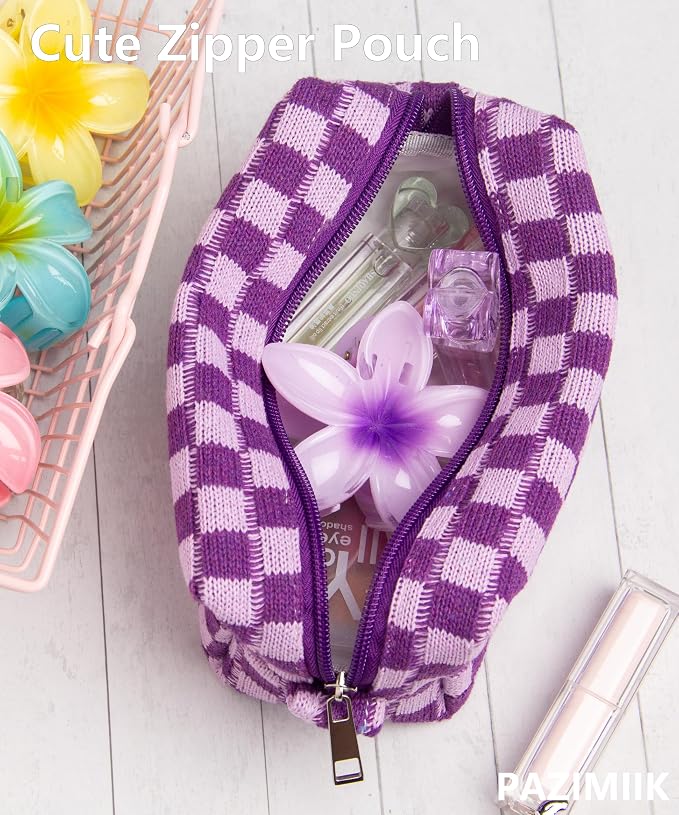 Checkered Makeup Bag for Purse, Small Travel Cosmetic Pouch,Lavender | Cute Zipper Makeup Organizer for Women, Travel Essentials, Toiletries, Makeup Brushes, Beauty Accessories&Bridesmaid Gifts
