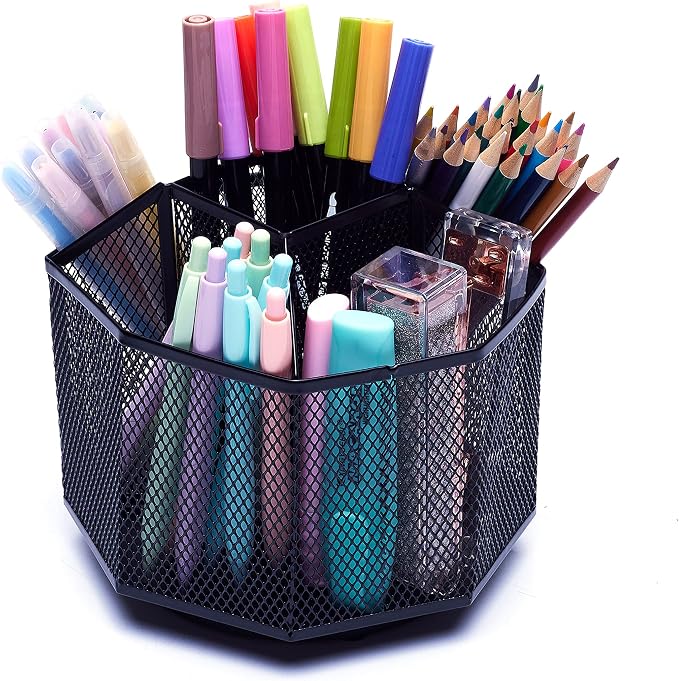 Exerz Desk Organizer 360 Rotating Pen Holder 5 Compartments Caddy Black | Smooth Spinning Base with Open Mesh Sections Easy Access to Pens Brushes Scissors Daily Desk Tools