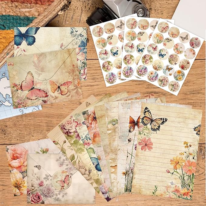 FUNCLASS 160 Pcs Vintage Butterfly Stationery Set Letter and Envelopes | 50 Lined Stationery Paper and 50 Matching Envelopes , 5.5 x 8.25 Inches Letter Writing Stationery for Home, Office, School