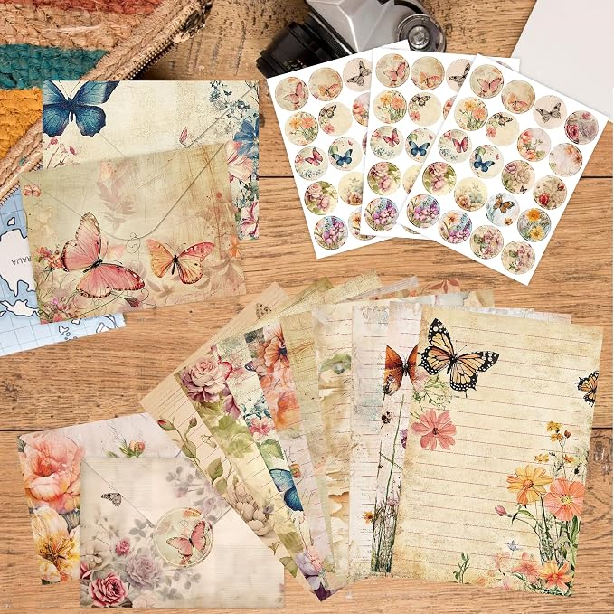 Stationery Paper Envelopes Set 160 Pcs - 50 Lined Writing Paper, 50 Envelopes, 60 Dot Stickers, Vintage/Floral/Leaf/Watercolor Multi-Style Options (STATIONERY-160PCS-VINTAGE)