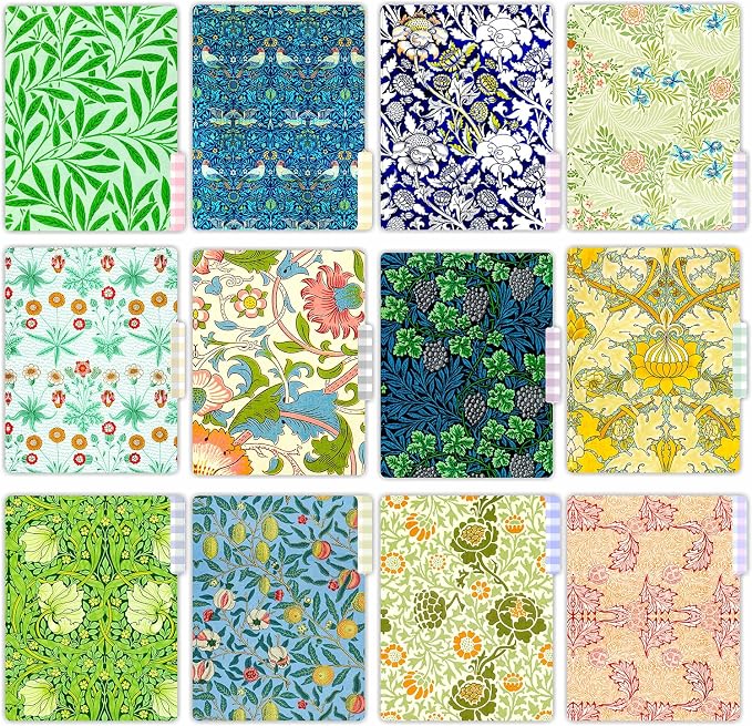 PARTH IMPEX 12 Pack William Morris Decorative File Folders, Letter Size | with Assorted Positions, 1/3 Cut Tab Paper Holders (9.75” x 11.75”) Matte Finish Laminated for Office School Work