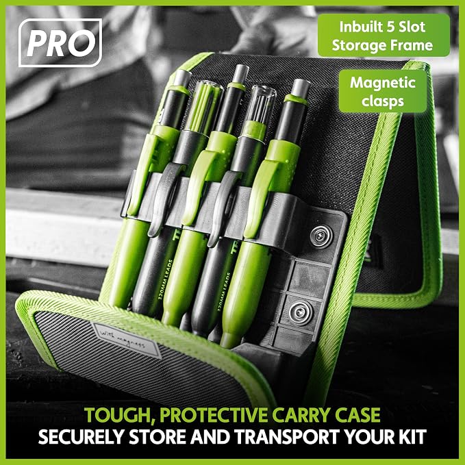 Tracer Pro - 5 Piece Construction Marker Kit with Storage Case - All 3 PRO Aluminum Carpenter's Pencils, Deep Hole Marker, Precision Mechanical Pencil, and 5.2mm Heavy Duty Construction Pencil
