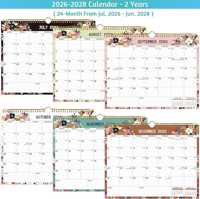 Wall Calendar 2026-2028 – 2 Year Calendar 2026-2028, Jul 2026 – Jun 2028, 14.57 x 11.42 In, 2026 Calendar 24 Months, Monthly Calendar 2026, with Ruled Blocks, Thick Paper, Holidays, To-do List ＆ Notes