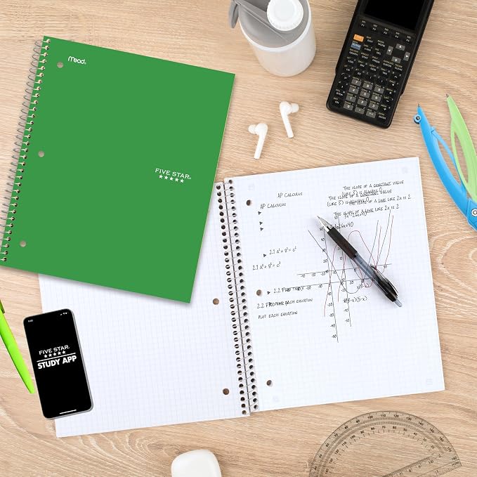 Five Star Spiral Notebook + Study App, 1 Subject, Graph Ruled Paper, 8-1/2" x 11", 100 Sheets, Fights Ink Bleed, Water Resistant Cover, Seaglass Green (620000CH1)