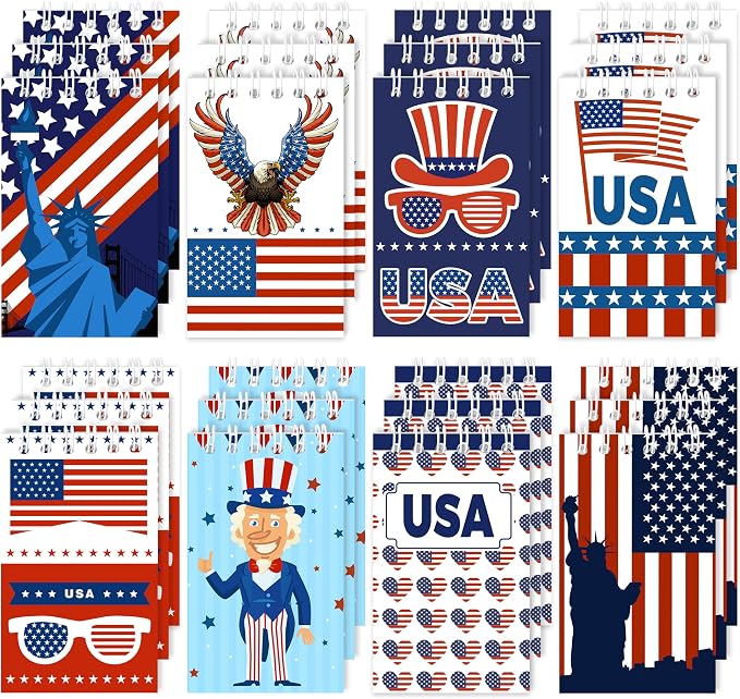 24Pcs Patriotic Mini Notepads, Red White Blue 4th of July Spiral Notebooks Bulk, USA American Pocket Memo Pads for Labor Day Veterans Day 250th anniversary Party Favors Gifts Office School Supplies
