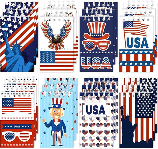 24Pcs Patriotic Mini Notepads, Red White Blue 4th of July Spiral Notebooks Bulk, USA American Pocket Memo Pads for Labor Day Veterans Day 250th anniversary Party Favors Gifts Office School Supplies
