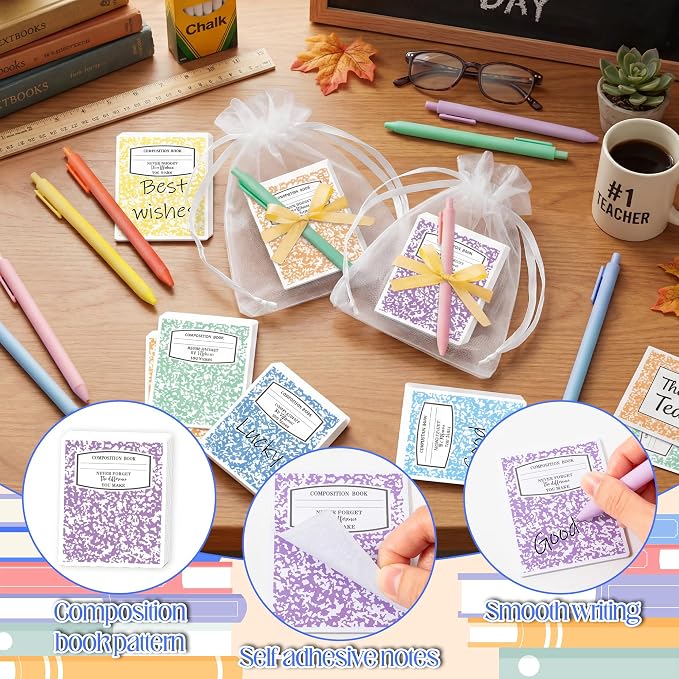 CJiangpo Teacher Sticky Note Set - 24 Pack Composition Book Sticky Note Pads with Ballpoint Pens Ribbons, Cute Memo Pad Stationery Set Thank You Teacher Appreciation Gifts School Office Supplies Party