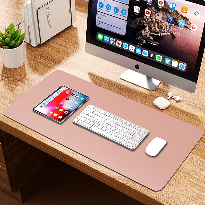 Leather Desk Pad Protector, Waterproof Mouse Pad, PU Desk Mat, Office Desk Cover, Desk Writing Mat for Office/Home/Work/Cubicle (Pink/Silver) 35.4x17 in