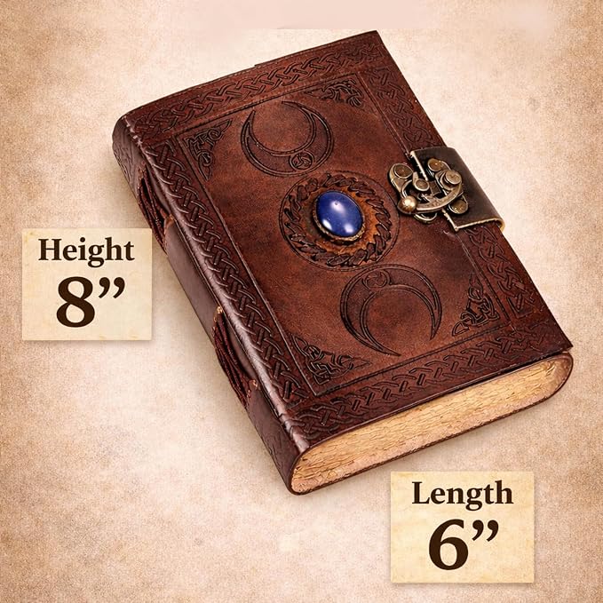 cuero 3 Moon Blue Lapis Embossed Vintage Leather Journal | 240 Pages of Antique Handmade Deckle Edge Vintage Paper, Leather Sketchbook, Drawing Journal, Great Gift (6 inch by 8 inch, brown)