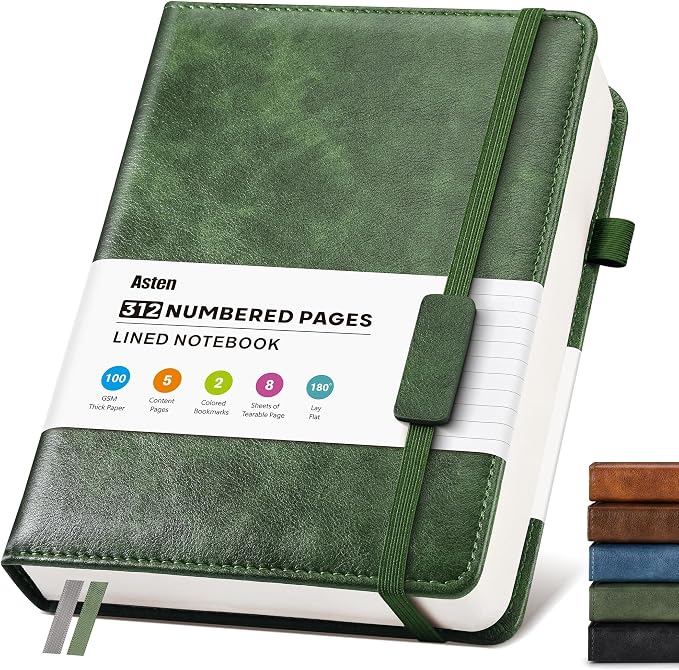 Lined Hardcover Leather Journal Notebook: A5 Journal for Women Men, Green | 312 Numbered Pages & Content, 100GSM Thick Paper, College Ruled Journals Note Book for Business Work Writing Diary