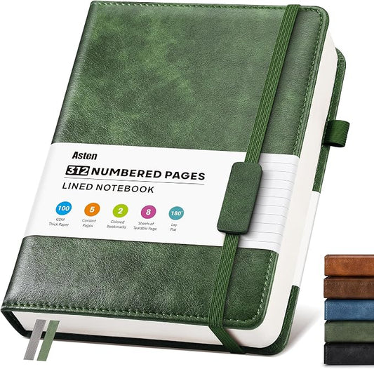 Lined Hardcover Leather Journal Notebook: A5 Journal for Women Men, Green | 312 Numbered Pages & Content, 100GSM Thick Paper, College Ruled Journals Note Book for Business Work Writing Diary