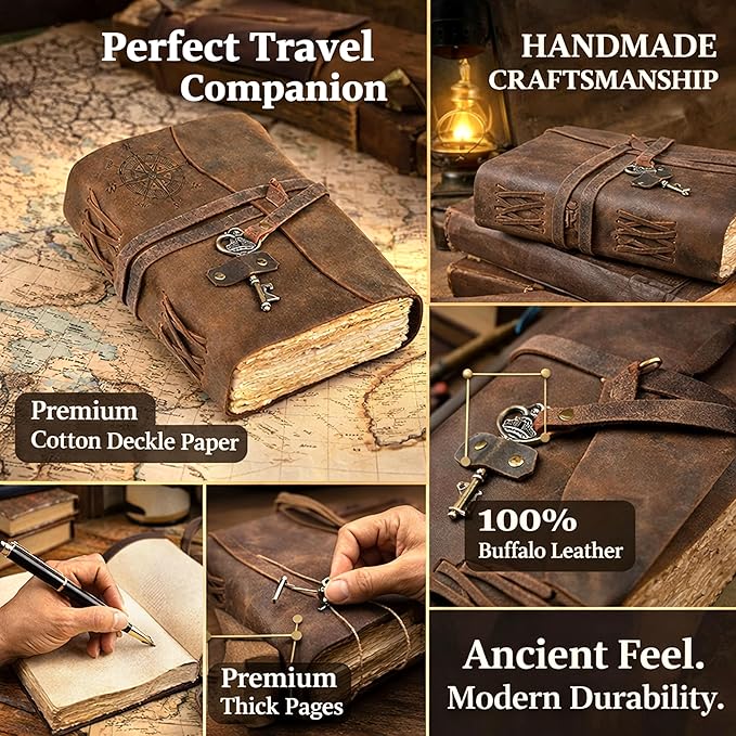 cuero C Compass Vintage Leather Journal - Antique Handmade Leather Bound journal with deckle edge paper Diary - Leather Sketchbook - Drawing Journal Notebook - Great Gift Men And Women (5X7 Inch)