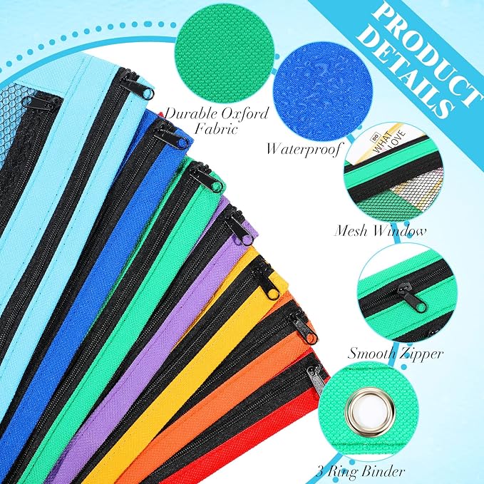 Zhehao 100 Pcs Zipper Binder Pencil Pouches:3 Ring Binder Pencil Pouches with Zipper Window Bulk Clear Pen Bags Case for Office School Classroom Supplies(Double Layer with Mesh Layer,7 Colors)