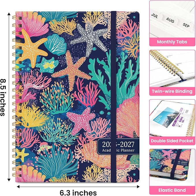 Planner 2026-2027, Academic Year Monthly and Weekly Calendar Planner, Jul 2026 - Jun 2027, Hardcover Teacher Student Planning Agenda book with Tabs, Perfect for School Office Supplies, 6.3" x 8.5" - Coral Reef