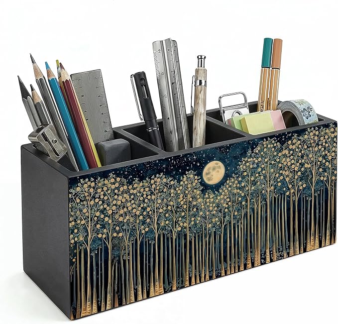 Rustic Night Moon Forest William Morris Inspired Wooden Pencil Pen Holder for Desk Organizers and Accessories, Vintage Nature Botanical Makeup Brush Holder Organizer for Bathroom Vanity