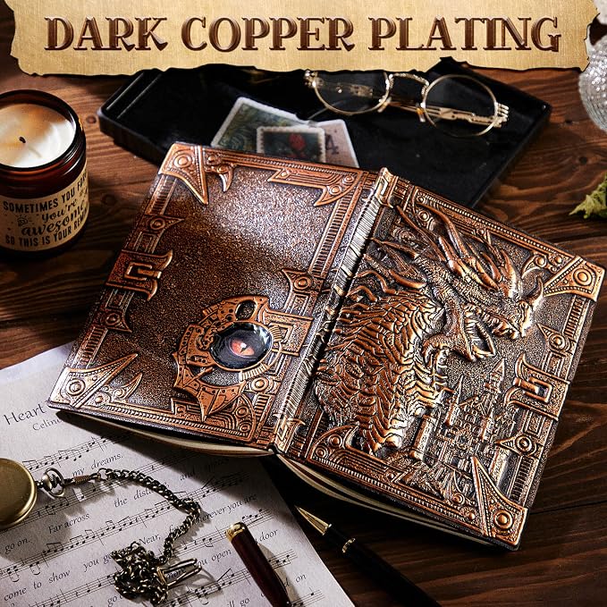 Dragon Journal Embossed Leather Journal Writing Antique Dragon Journal Notebook with Pen Lined Paper Hardcover Gift Journal Notebook Executive Notebook Travel Diary for Women Men, A5 (Dark Red)