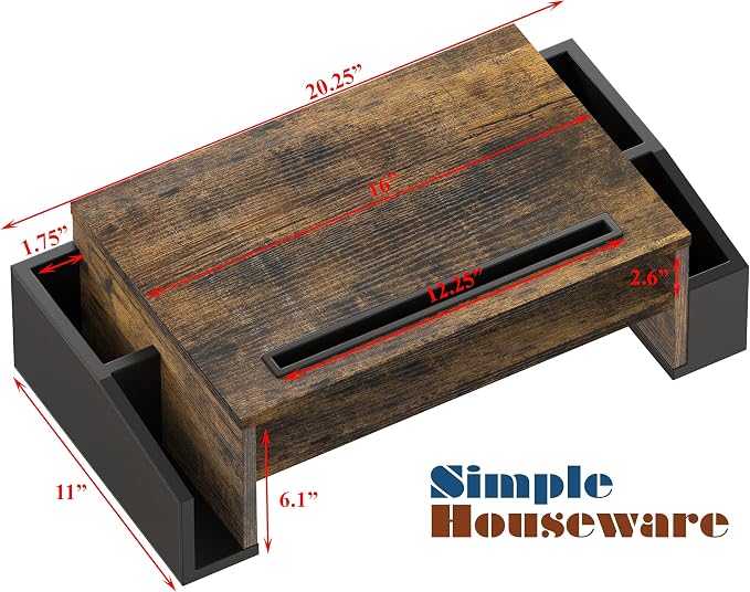 Simple Houseware Desk Monitor Stand Riser w/ Adjustable Tray, Rustic Brown | Built-In Tablet Slot and Side Storage