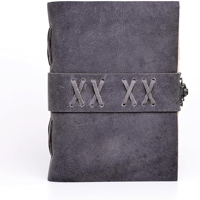 Leather Bound Vintage Journal for Women & Men – Book of Shadows – Lock Closure – 200 Pages of Antique Deckle Edges Handmade Paper (Ash Grey, 7 x 5 inches)