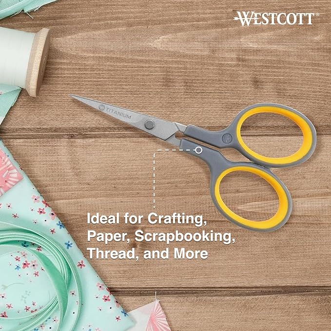 Westcott 4" Embroidery Scissors with Titanium-Bonded Blades, for Crafting, Sewing & More, Gray/Yellow