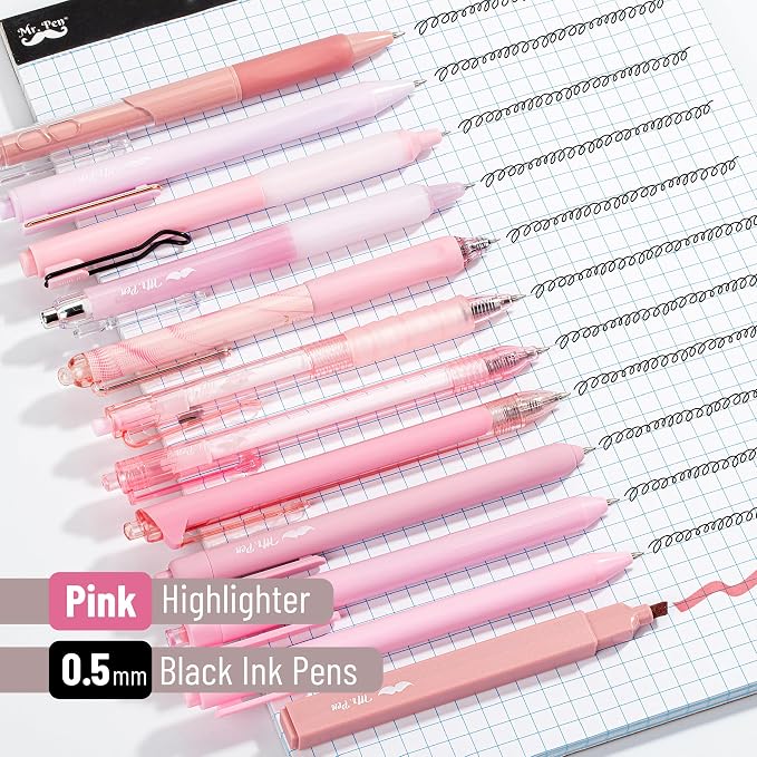 Mr. Pen- Pink Gel Pens Set, 12 Pack | Black Ink Cute Writing Pens with 1 Aesthetic Highlighter, 0.5 mm Fine Point, Smooth Gel Pens for Journaling
