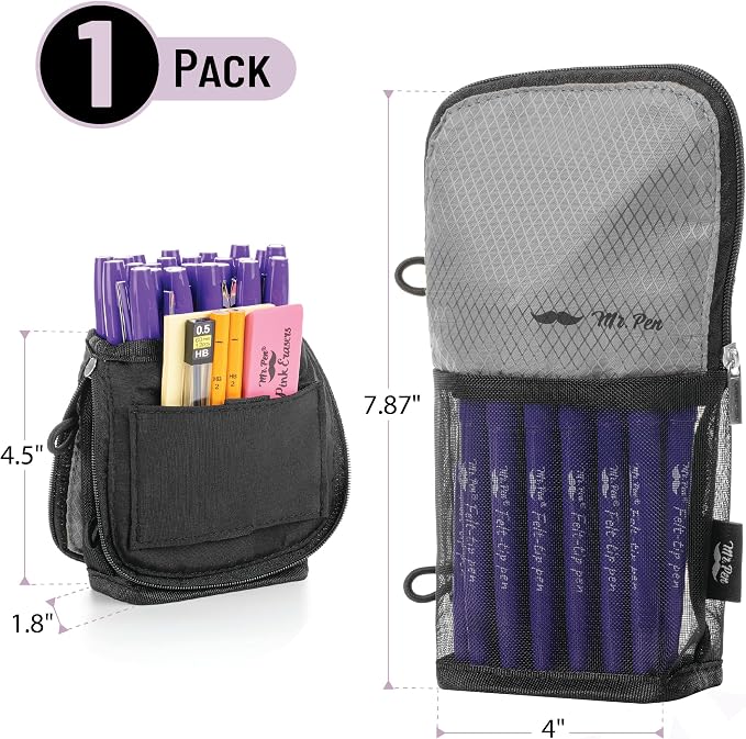 Mr. Pen- Standing Pencil Case Pouch, Sit & Lay Mesh-View Design | Black & Gray, Interior Pocket & 2 Elastic Binder Loops, Cute Pencil Case for Girls and Boys