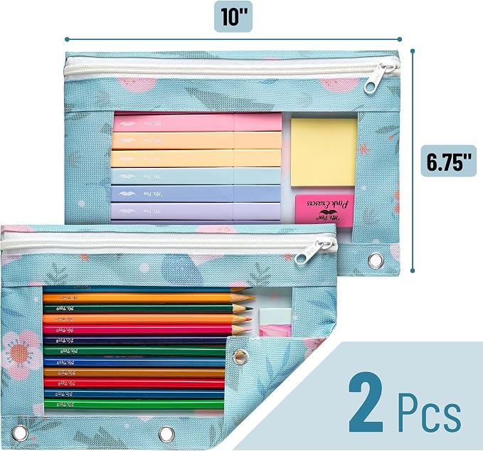 Mr. Pen- Pencil Pouch for 3 Ring Binder, 2 Pack, 10"x6.75", Smooth Zipper | Clear Window, Large Capacity Pencil Case with 3 Reinforced Grommets for School, Office, Supplies Storage | Clear Window, Large Capacity Pencil Case with 3 Reinforced Grommets f...
