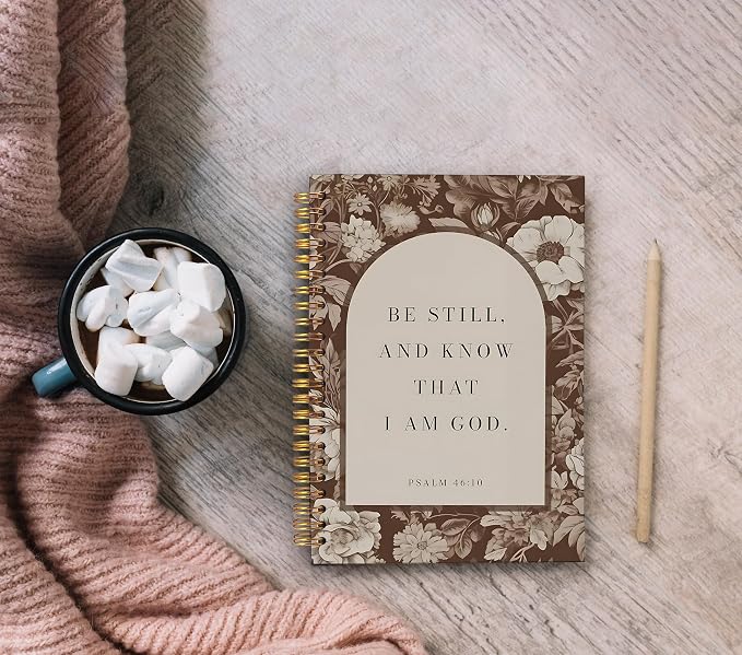 Brown Floral Christian Notebook Journal, Be Still and Know That I Am God Bible Verse Notebook, Christian Gifts for Women, Religious Scripture Spiral Journal 5.5x8.3 Inch