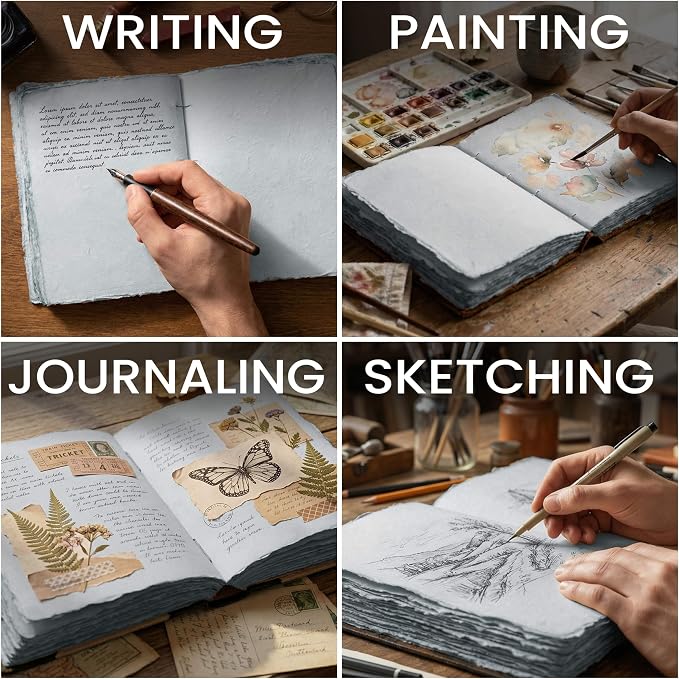 Rustic Vintage Leather Bound Journal - 200 Pages Handmade Antique Deckle Edges Watercolor Paper - Book of Shadows/Spell - Writing Notebook Sketchbook for Women and Men - 13''x8'', Grey