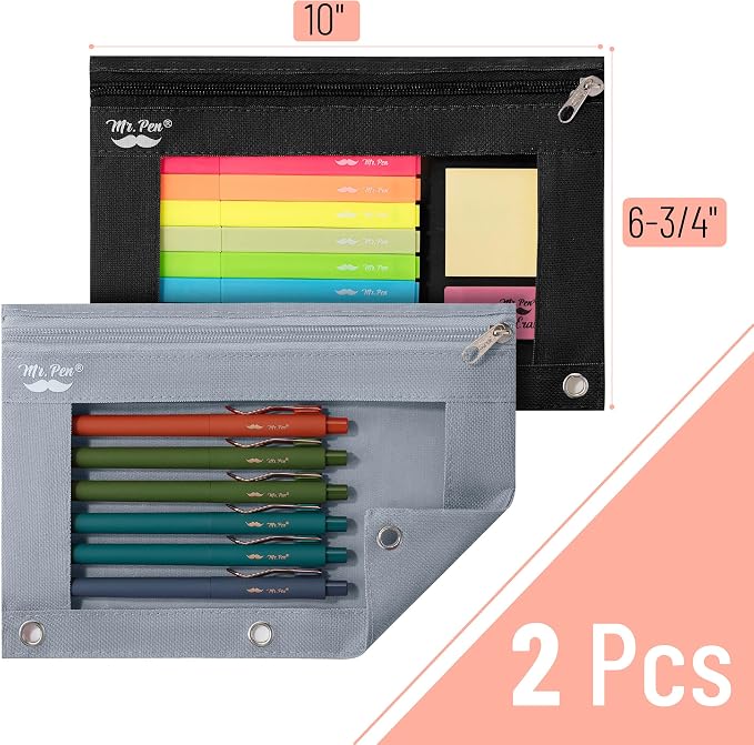 Mr. Pen- Pencil Pouch for 3 Ring Binder, 2 Pack, 10"x6.75", Smooth Zipper | Clear Window, Large Capacity Pencil Case with 3 Reinforced Grommets for School, Office, Supplies Storage | Clear Window, Large Capacity Pencil Case with 3 Reinforced Grommets f...