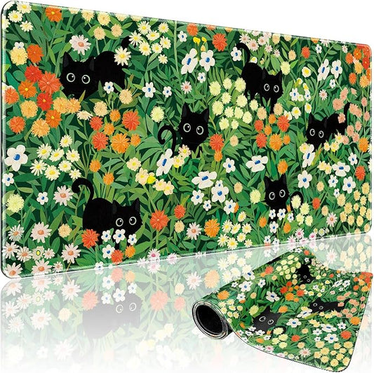 Cute Flower Cat Large Gaming Mouse Pad 31.5"x15.7", Flower XXL Desk Mat, Non-Slip Rubber Base & Stitched Edges Extended Mousepad for PC/Laptop/Office/Home Decor