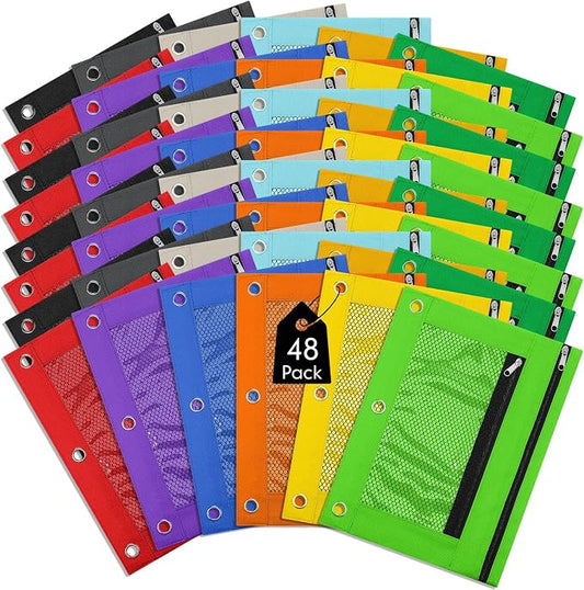 Leelosp 48 Pack Pencil Pouch for 3 Ring Binder Mesh Zipper Pencil Case Bags Binder Pouches Bulk for School Writing Utensils Storage Supplies (Multi-color)