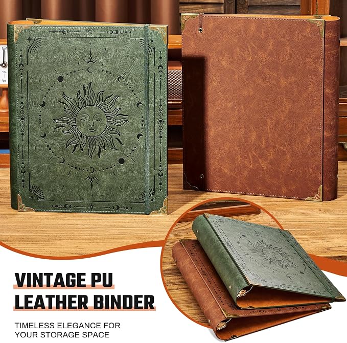 Ovesmusl PU Leather 3 Ring Binder Fits 8.5"x11" Letter Size Paper, 2 Inch Round Ring Binder Holds 500 Sheets, Notepad Paper Cover Loose Leaf Organizer, Green Sun