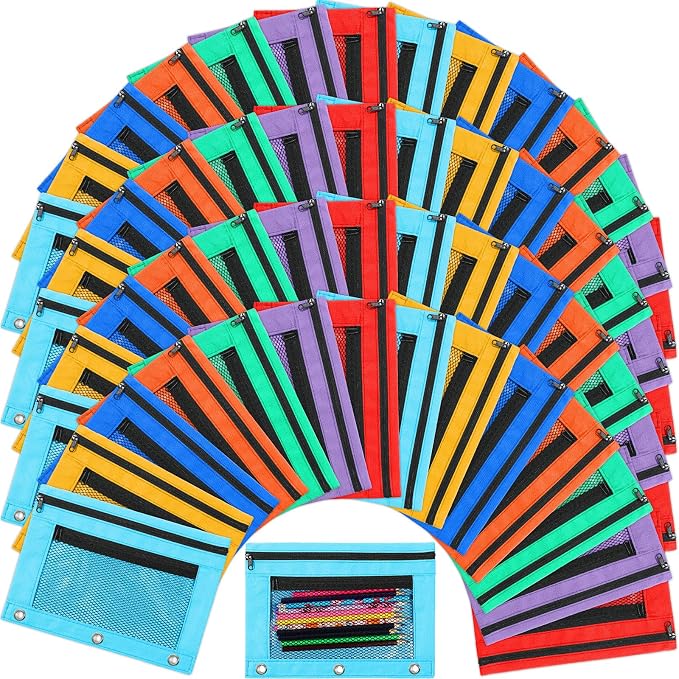 Zhehao 100 Pcs Zipper Binder Pencil Pouches:3 Ring Binder Pencil Pouches with Zipper Window Bulk Clear Pen Bags Case for Office School Classroom Supplies(Double Layer with Mesh Layer,7 Colors)
