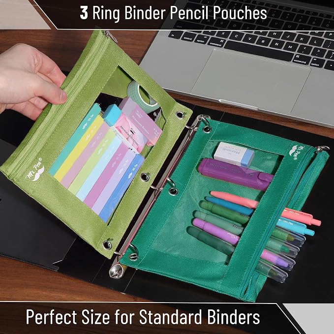 Mr. Pen- Pencil Pouch for 3 Ring Binder, 2 Pack, 10"x6.75", Smooth Zipper | Clear Window, Large Capacity Pencil Case with 3 Reinforced Grommets for School, Office, Supplies Storage | Clear Window, Large Capacity Pencil Case with 3 Reinforced Grommets f...