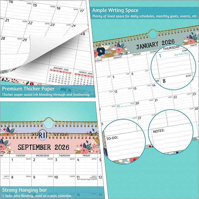 Wall Calendar 2026-2027 – 2 Year Calendar 2026-2027, 14.57 x 11.42 In, Jan 2026 - Dec 2027, 2026 Calendar 24 Months, Monthly 2026, with Ruled Blocks, Thick Paper, Holidays, To-do List ＆ Notes