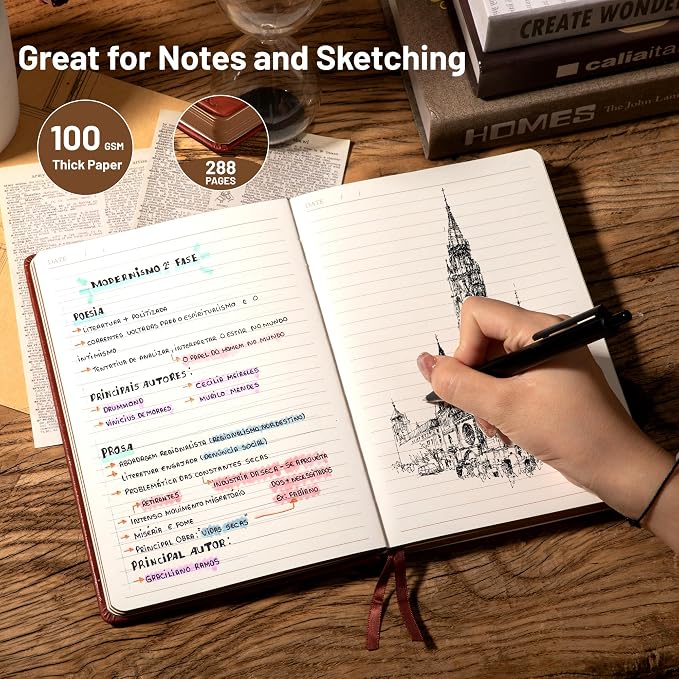 CAGIE Compass Leather Journal Gift for Men - Vintage Writing Notebook with Pen, 100 GSM 288 Page Lined Journal A5 Hardcover, 180° Lay Flat, Daily, Travel, Office & Gift Idea