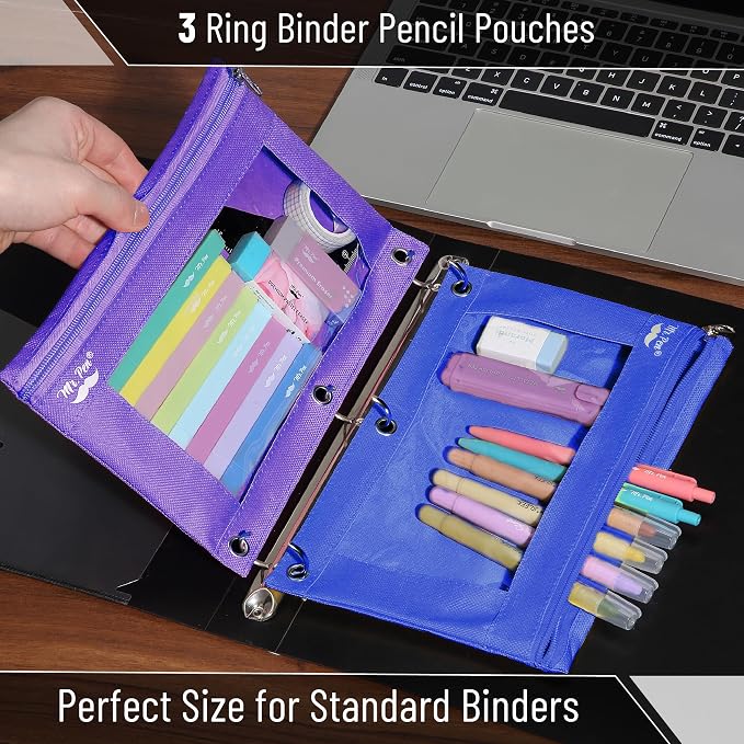 Mr. Pen- Pencil Pouch for 3 Ring Binder, 2 Pack, 10"x6.75", Smooth Zipper | Clear Window, Large Capacity Pencil Case with 3 Reinforced Grommets for School, Office, Supplies Storage | Clear Window, Large Capacity Pencil Case with 3 Reinforced Grommets f...