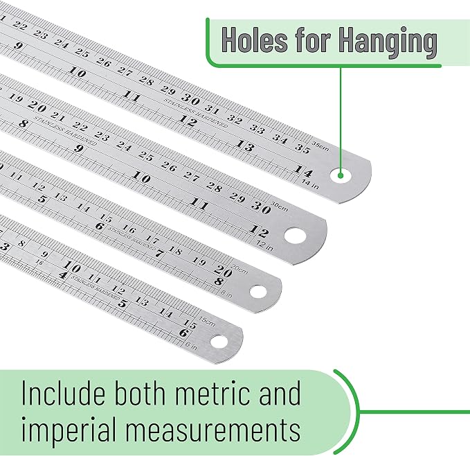 Mr. Pen- Metal Straight Edge Ruler, 6 pcs, 6", 8", 10", 12", 14", 16" | Stainless Steel Ruler Set, Imperial & Metric Measurements for Drawing, Home, Office, Engineering