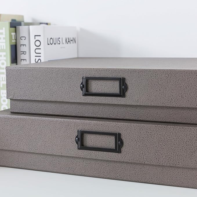 Soul & Lane - Legal Size Document Storage Boxes with Lids, Set of 2, Gray | A3 Decorative Boxes for Art, Scrapbooks and Papers with Metal Label Holders, Large Grey Photo Keepsake Storage for Memories