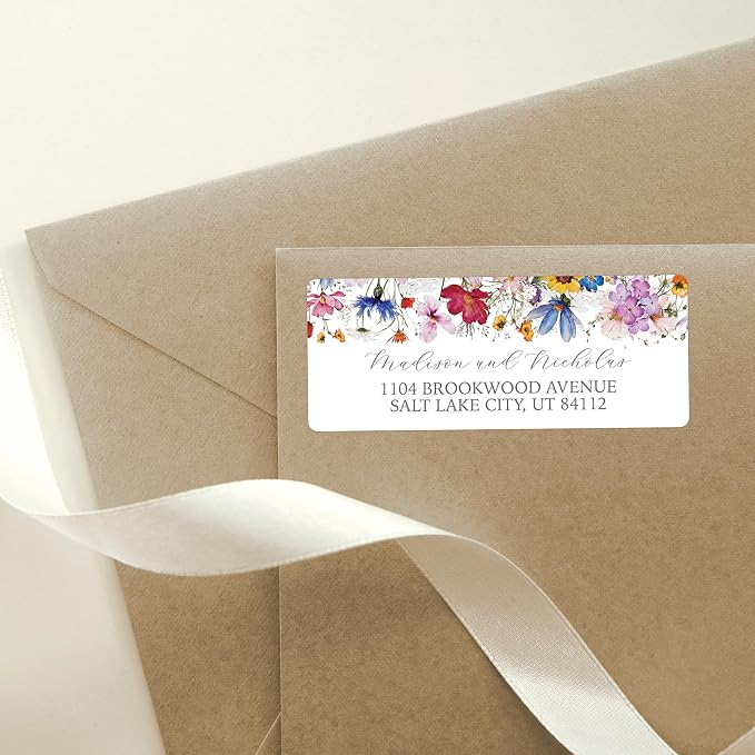 Return Address Labels Personalized with Your Choice of 30 Flower Styles - Choose Font and Font Color or Add Custom Text - Perfect for Wedding Envelopes (013 Bright Colorful Flowers)