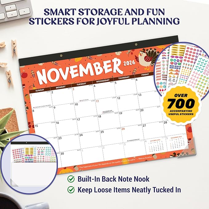 Decorably 18 Months Colorful Assorted Academic Desk Calendar 2026-2027 January 2026 to June 2027, 11x17in Easy Tear-Off Sheets with Inspirational Quotes & Stickers for Office, Home & School